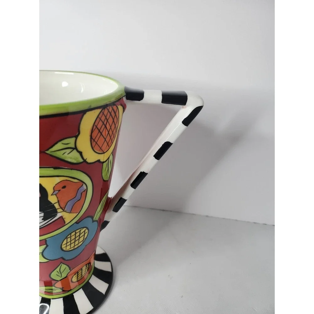 Catzilla Candace Reiter Floral Cat Pedestal Pitcher Whimsical Ceramic Colorful